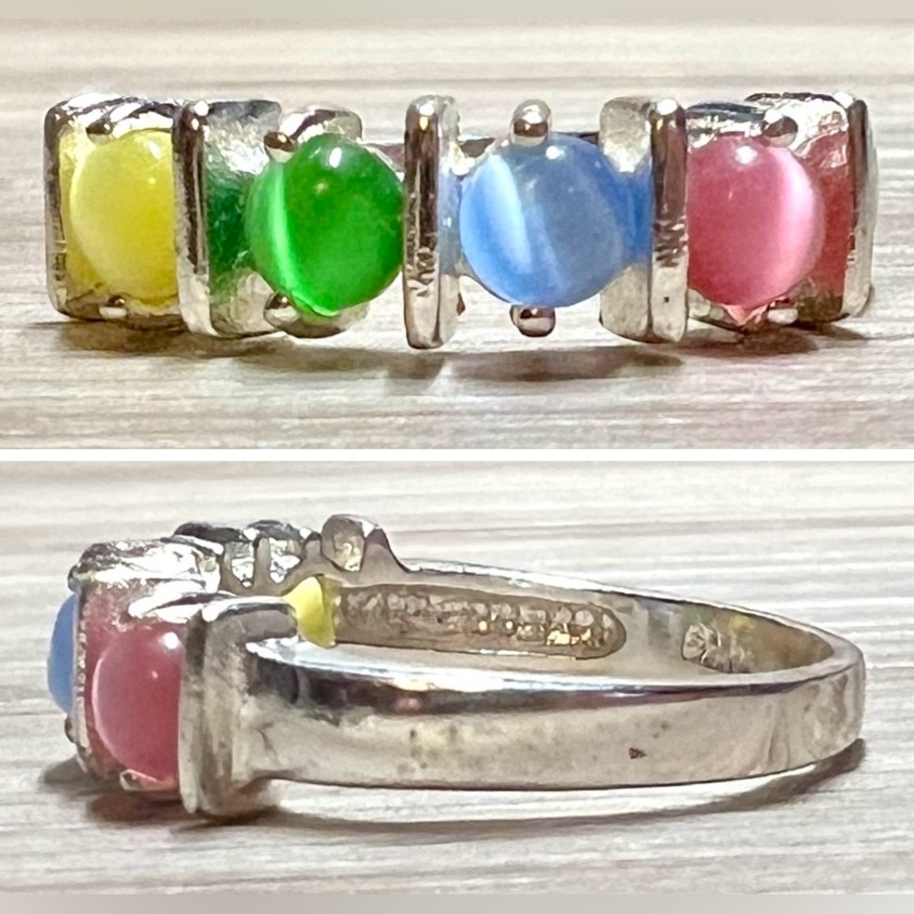Designer Signed CW Sterling Silver Pastel Multi-Colored Cats Eye Ring, Size 7